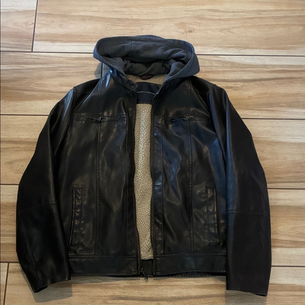 Tommy Hilfiger Black/brown faux Leather Jacket with Gray Hood and furry lining